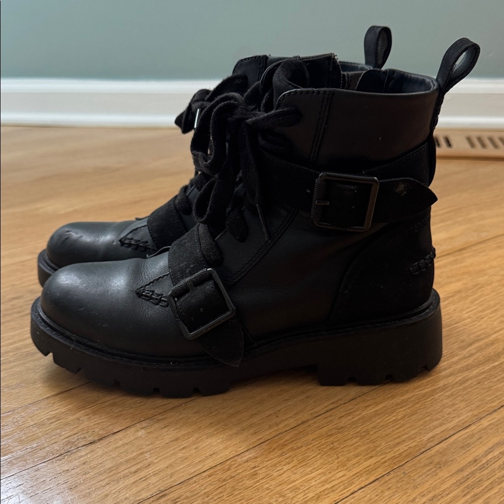 UGG Black Leather Lace-Up Ankle Boots with Buckle - Picture 3 of 6